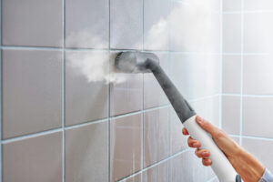 Dampfreiniger im Einsatz im Badezimmer